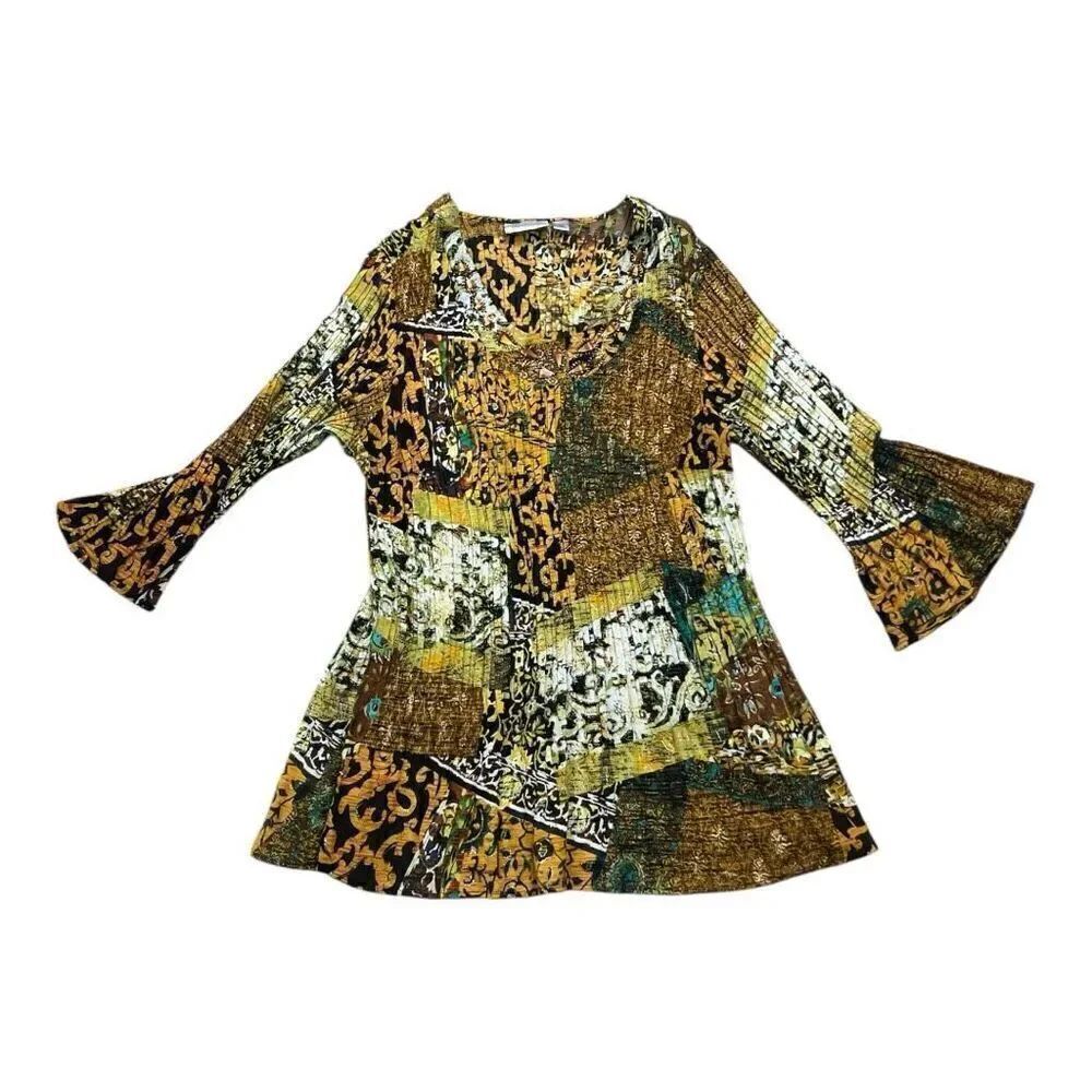 Avenue Yellow Black Pleated Tunic Size 14/16 Long Sleeve Rhinestone Sheer Casual